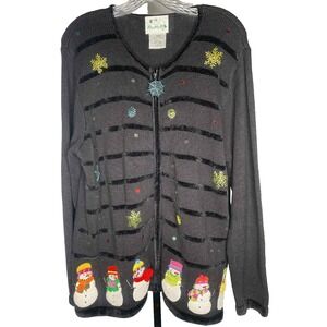 Vintage The Quacker‎ Factory Full Zip Beaded Embroidered Snowman Sweater Size L